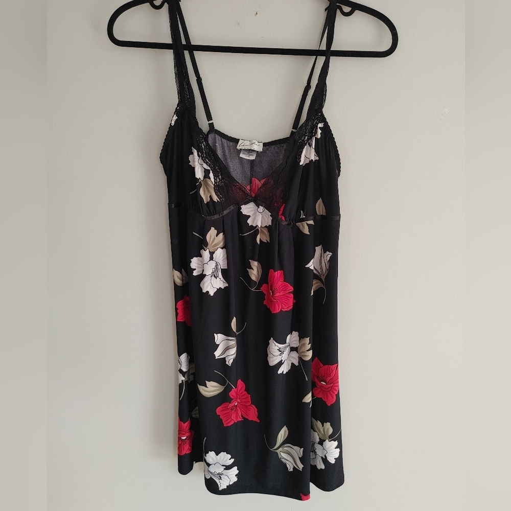 Floral Print Black Slip Lingerie Night Dress